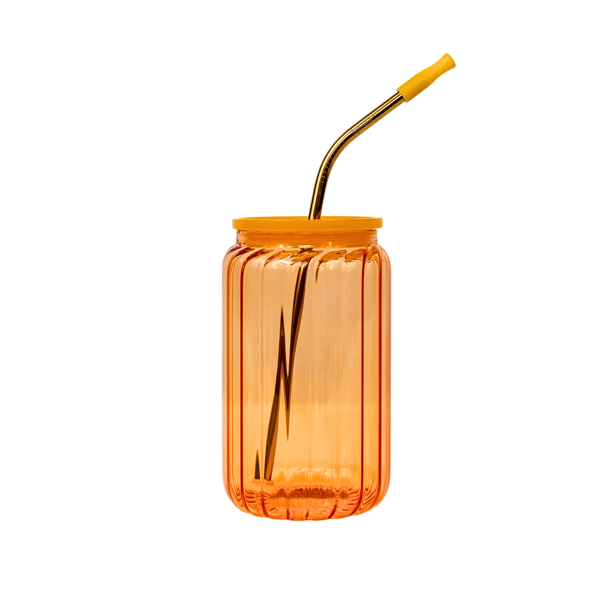 Amber glass jelly cup with lid and gold stainless steel straw 