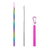 Telescopic rainbow-colored straw with a pink silicone tip and pink case with carabiner on a white background
