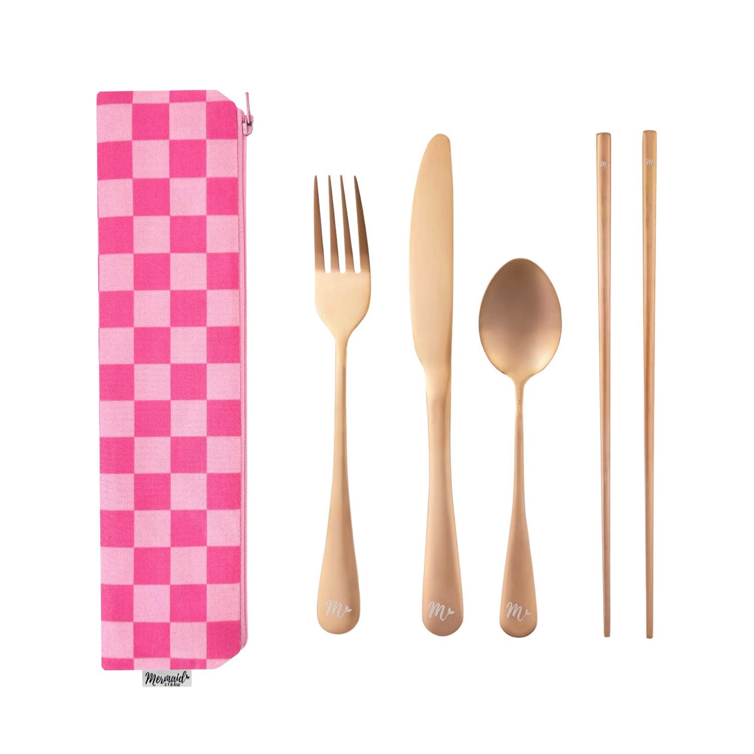 Rose gold flatware set in a vibrant pink checkered pouch, adding a playful vibe to meals.