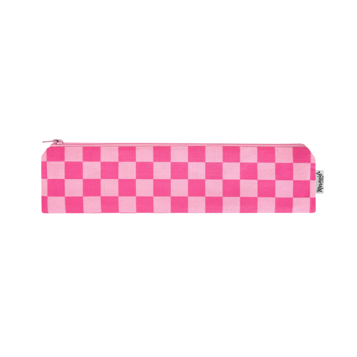 Zipper pouch with a bold pink checkerboard pattern, a playful and stylish statement.