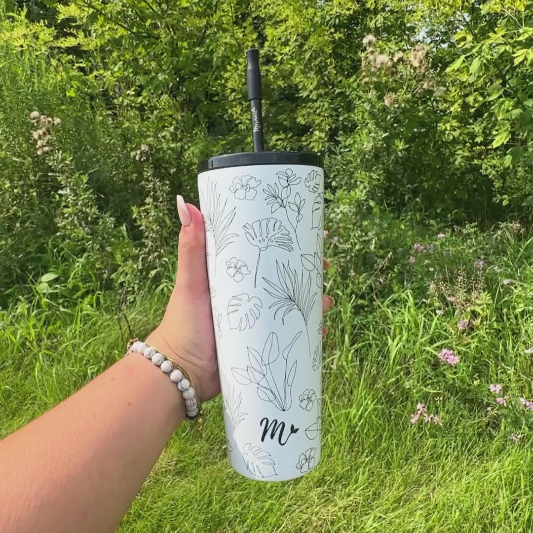 floral tumbler, cute neutral cup, black and white tumbler, travel mug, straw included, keeps drinks cold