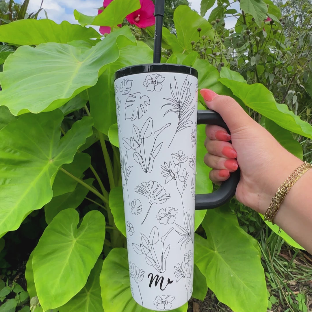 tumbler with handle, floral tumbler, neutral tumbler, trendy 30oz cup, leakproof tumbler, cute trendy cup, travel mug, straw included, keeps drinks cold, aesthetic cup