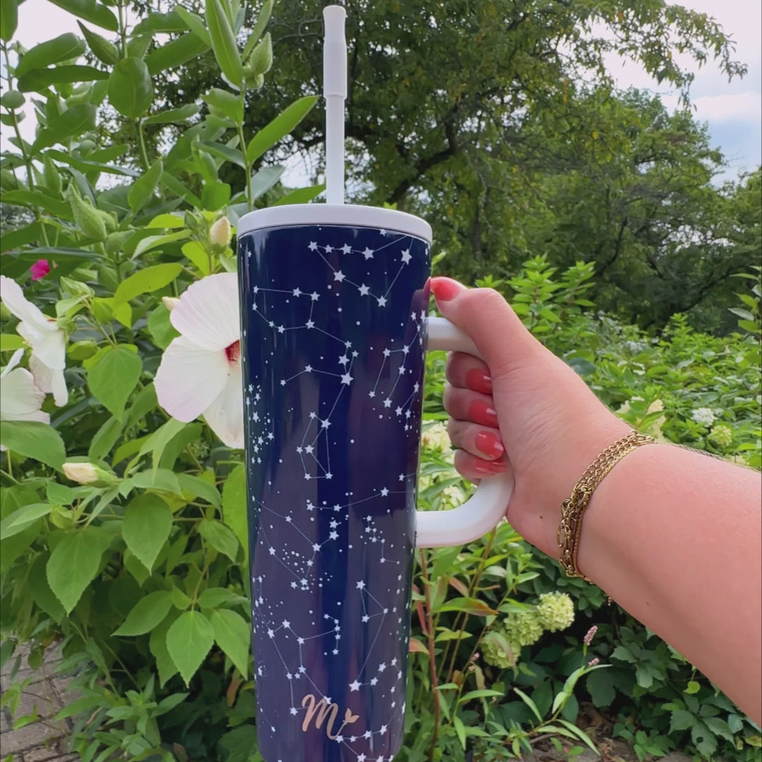 space tumbler, zodiac tumbler, tumbler with handle, trendy 30oz cup, leakproof tumbler, cute trendy cup, travel mug, straw included, keeps drinks cold, aesthetic cup