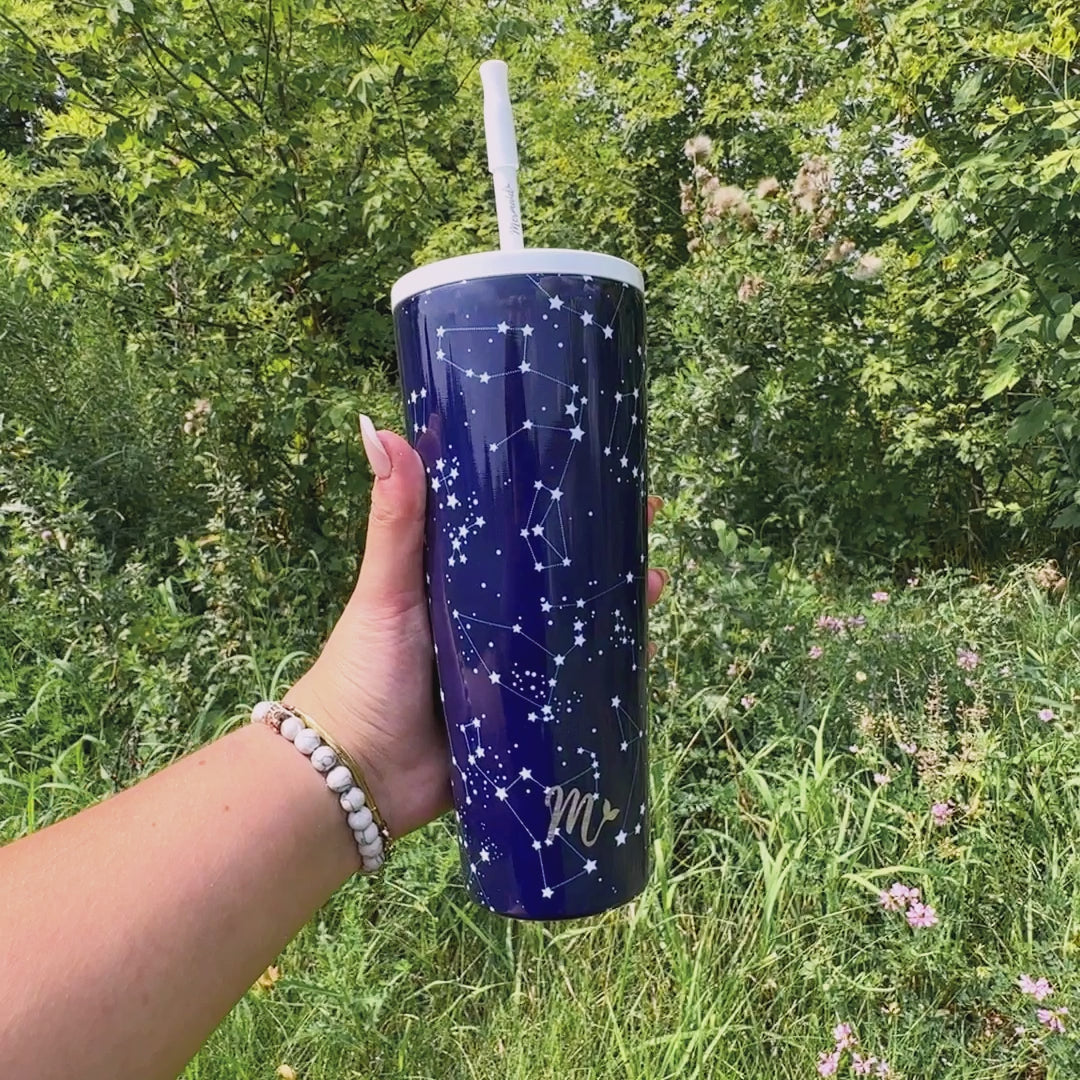 space cup, space tumbler, zodiac cup, travel mug, keeps drinks cold, includes straw, leakproof tumbler