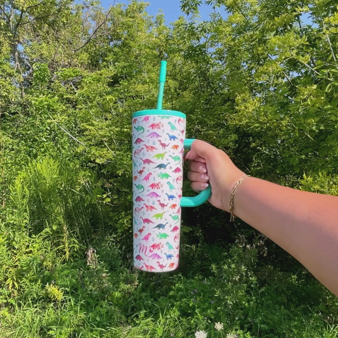 dinosaur tumbler, kids tumbler, tumbler with handle, trendy 30oz cup, leakproof tumbler, cute trendy cup, travel mug, straw included, keeps drinks cold, aesthetic cup