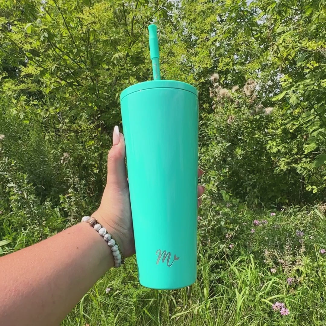 teal tumbler, bright tumbler, trendy 22oz cup, leakproof tumbler, cute trendy cup, travel mug, straw included, keeps drinks cold, aesthetic cup