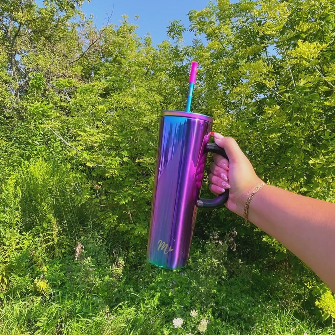 chrome tumbler, iridescent tumbler, tumbler with handle, trendy 30oz cup, leakproof tumbler, cute trendy cup, travel mug, straw included, keeps drinks cold, aesthetic cup