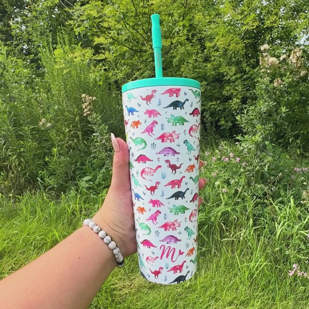 dinosaur tumbler, kids tumbler, trendy 22oz cup, leakproof tumbler, cute trendy cup, travel mug, straw included, keeps drinks cold, aesthetic cup