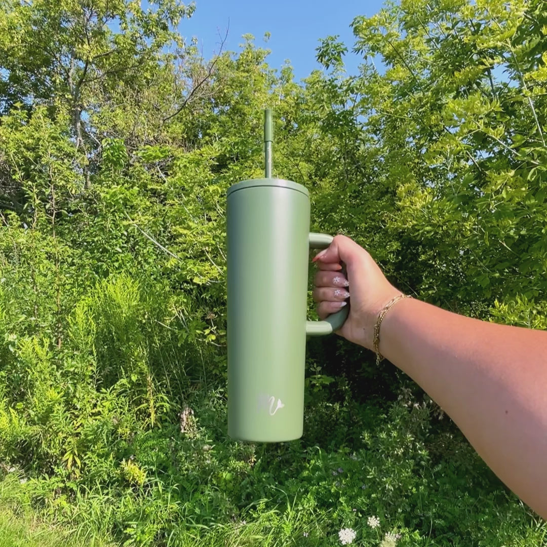 army green tumbler, matte green tumbler, tumbler with handle, trendy 30oz cup, leakproof tumbler, cute trendy cup, travel mug, straw included, keeps drinks cold, aesthetic cup