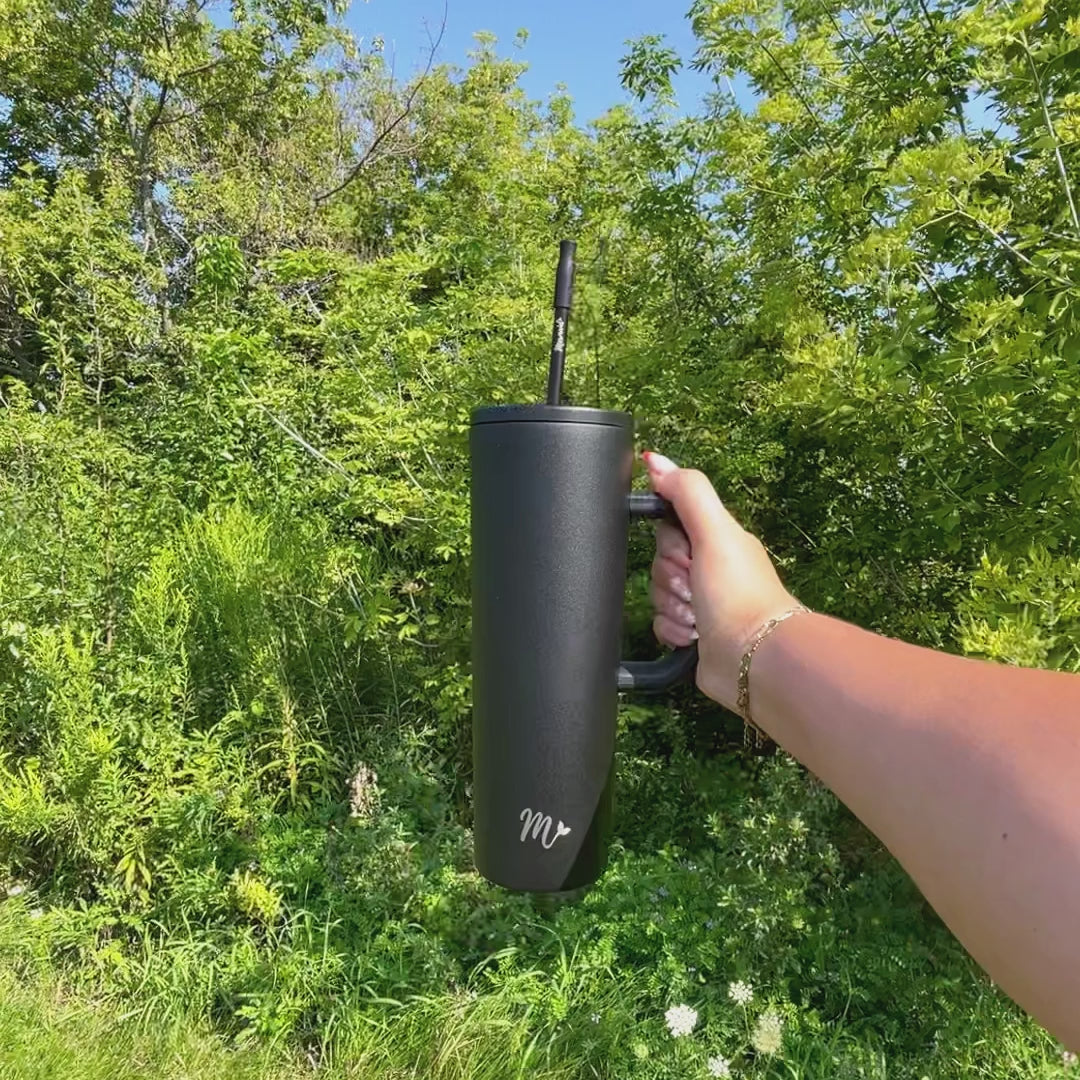 black tumbler, neutral matte tumbler, tumbler with handle, trendy 30oz cup, leakproof tumbler, cute trendy cup, travel mug, straw included, keeps drinks cold, aesthetic cup