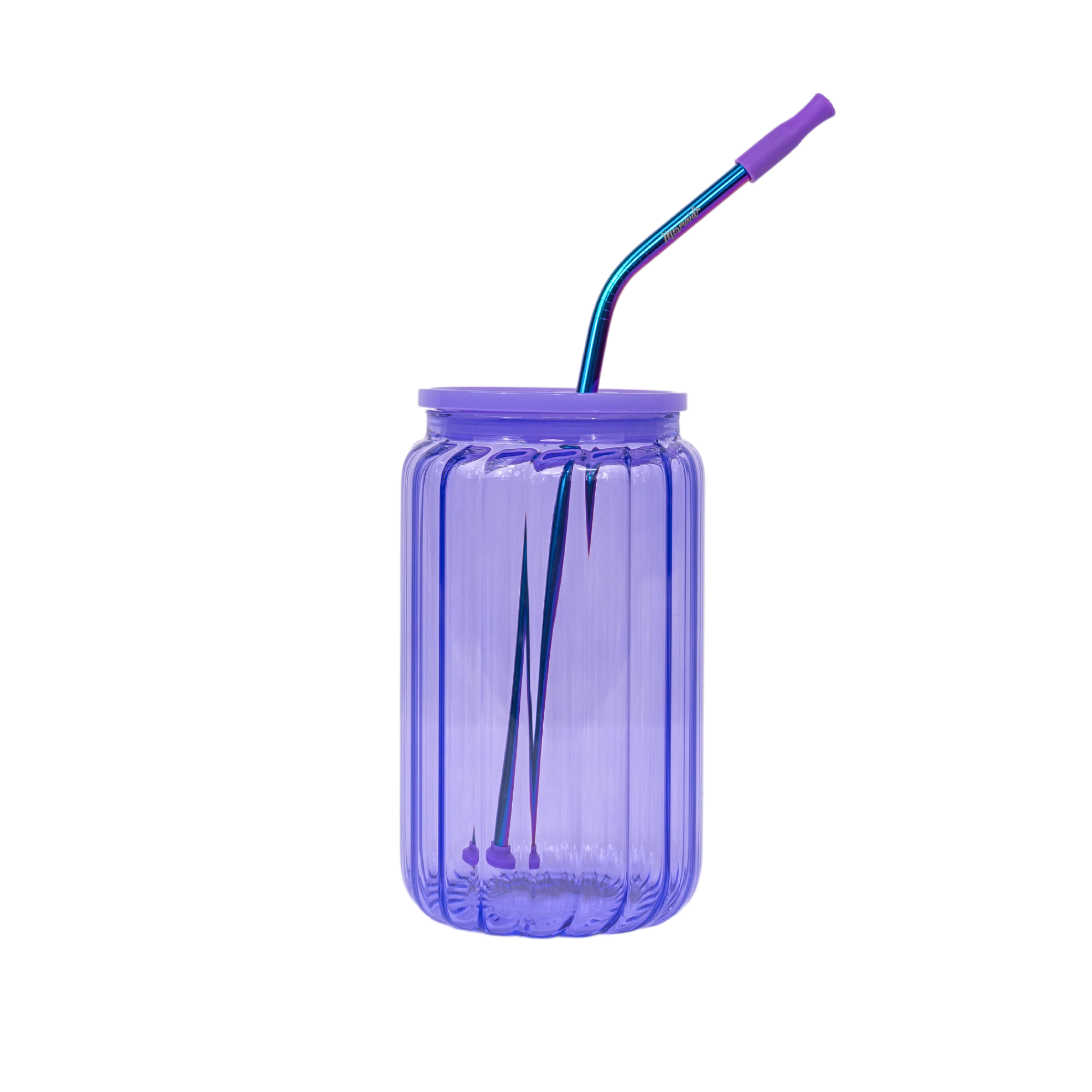 Purple glass jelly cup with lid and rainbow stainless steel straw 