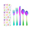 Colorful cutlery set with a bow pattern on a white background