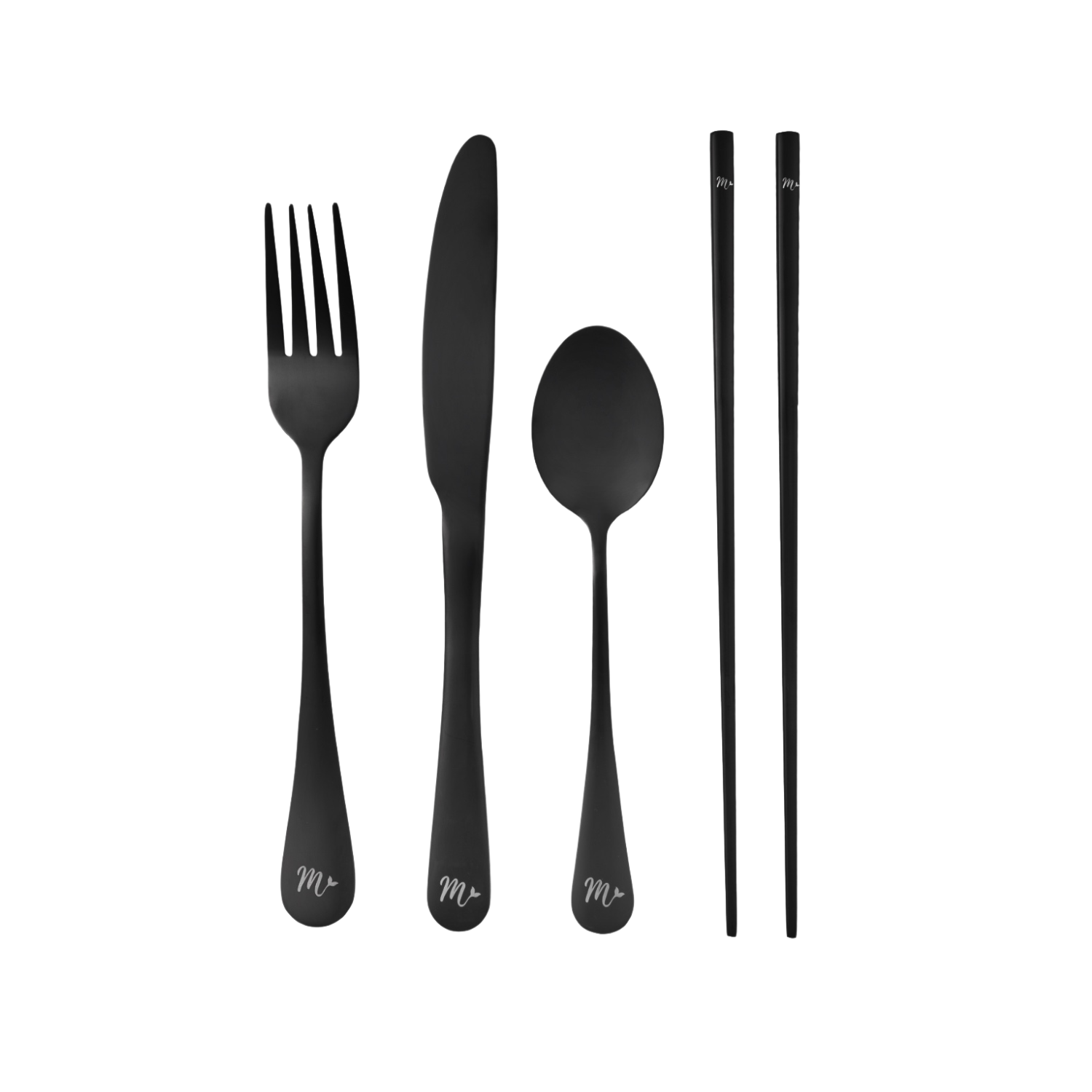  Sleek and sophisticated black flatware set, including a reusable fork, knife, spoon, and chopsticks. Ideal for an eco-conscious lifestyle with minimalist elegance.