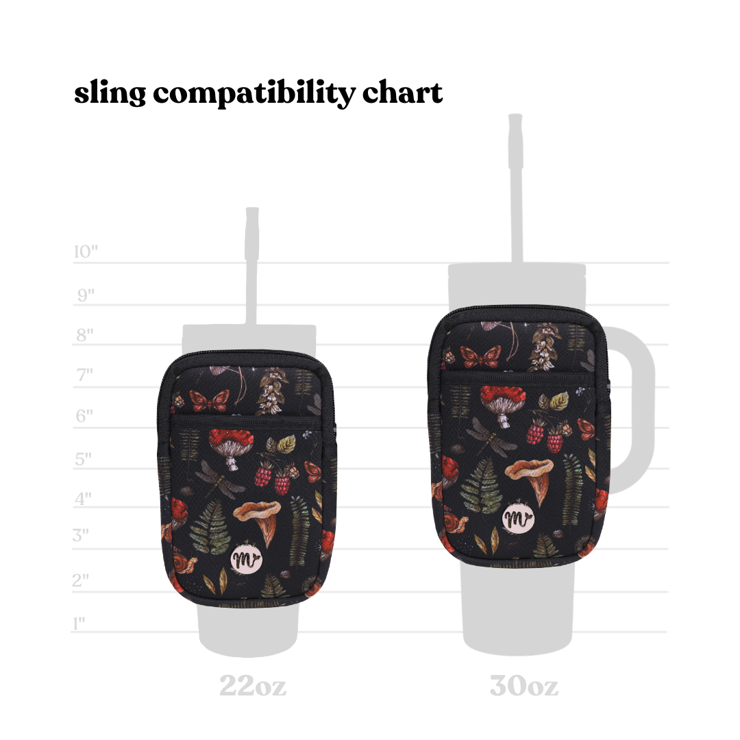 Sling Compatibility Chart - This chart illustrates the compatibility of the nature-themed sling pouch with 22 oz and 30 oz tumblers. The sling is shown fitting both sizes securely, highlighting its versatility for different tumbler dimensions and providing a stylish and functional carrying solution.