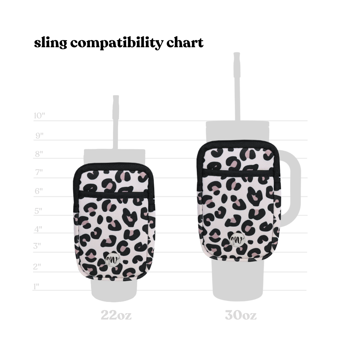 Sling Compatibility Chart - This chart displays the compatibility of the leopard print sling pouch with both 22 oz and 30 oz tumblers. The comparison shows the secure fit of the sling on each size, highlighting its versatility and fashionable design for different tumbler dimensions.