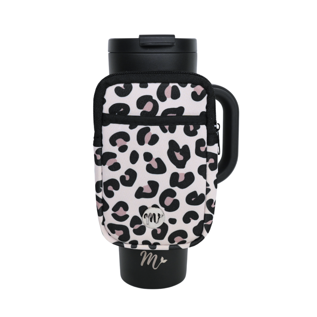 30 oz Black Tumbler with Leopard Print Sling - The tumbler is paired with a stylish sling pouch featuring a bold leopard print design in black and pink tones. The pouch adds functionality with extra storage space, making it a trendy and practical accessory for carrying your tumbler and small essentials