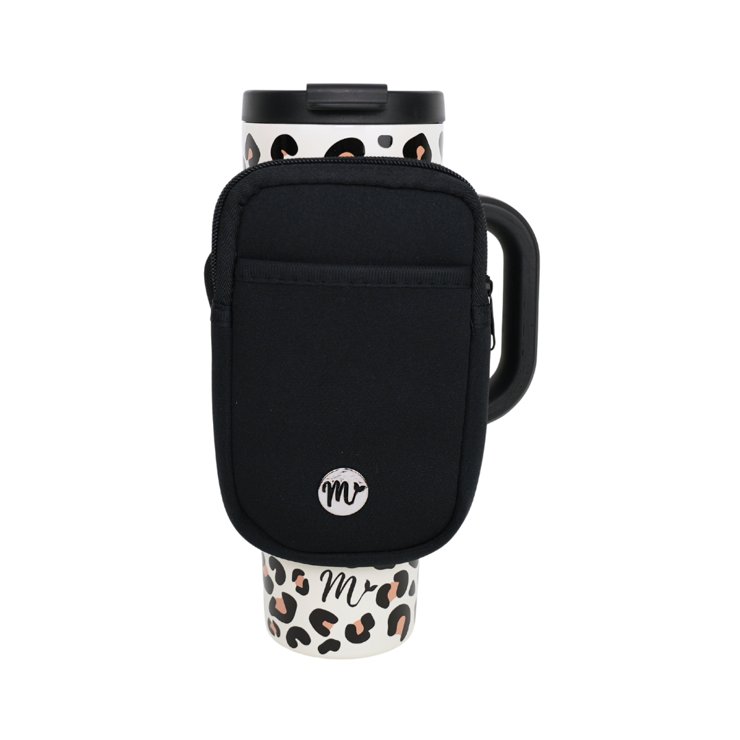 30 oz Leopard Print Tumbler with Black Sling - The tumbler is paired with a sleek black sling pouch, providing a minimalist look that complements the bold leopard print design of the tumbler. The pouch offers extra storage for small essentials, making it both a functional and stylish accessory for everyday use.