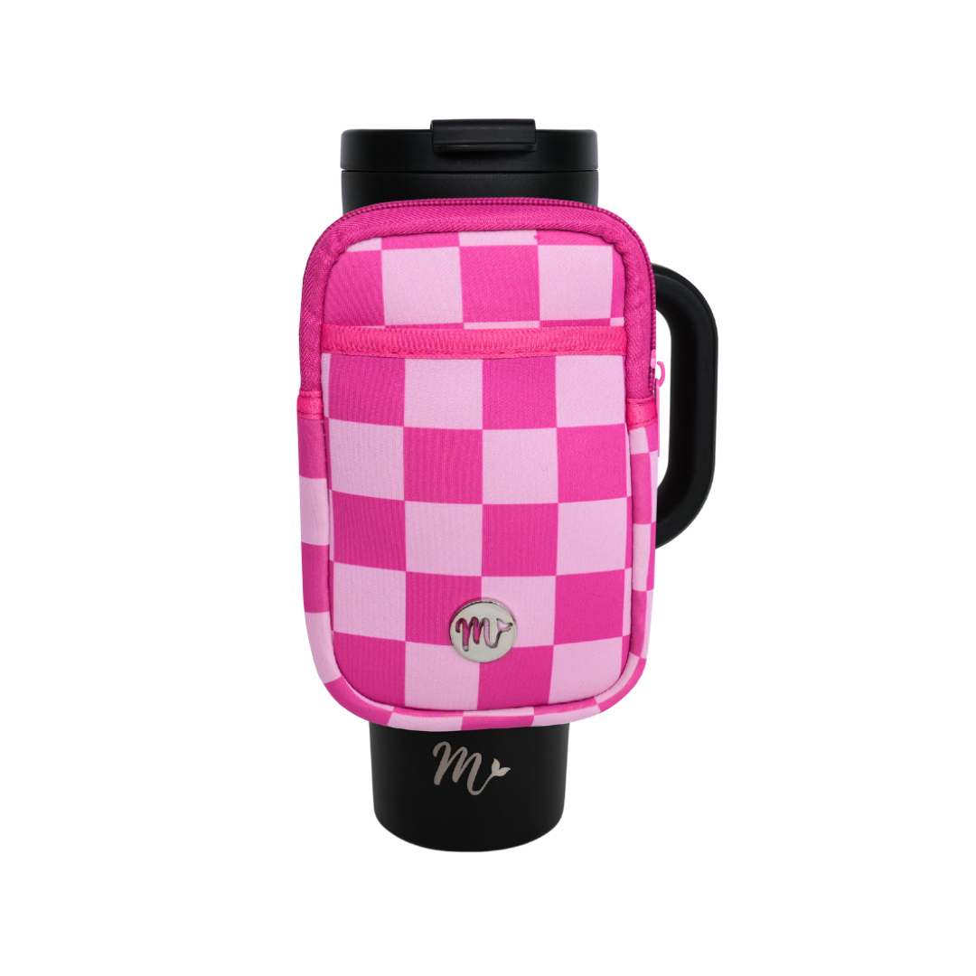 30 oz Black Tumbler with Pink Checkered Sling - The tumbler is paired with a vibrant pink and light pink checkered sling pouch, adding a fun and stylish look. The pouch provides convenient storage for small essentials, making it a practical accessory for daily use and on-the-go hydration.