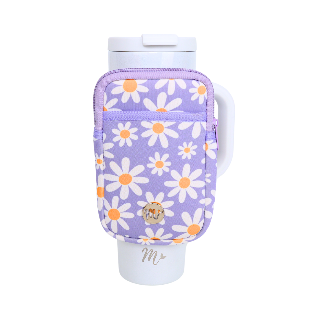 30 oz Pearl Tumbler with Floral Pouch - The tumbler is paired with a stylish purple floral pouch featuring white daisies and orange centers. The pouch easily attaches to the tumbler, providing convenient storage for small essentials like keys, cards, or snacks, making it perfect for on-the-go use.