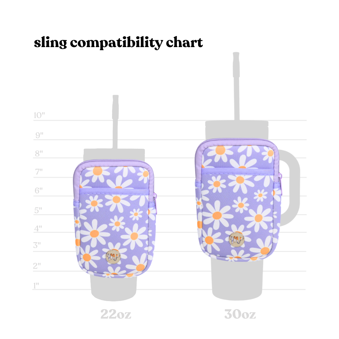 Sling Compatibility Chart - This chart shows the purple daisy-patterned sling pouch's compatibility with both 22 oz and 30 oz tumblers. The comparison highlights how the sling fits securely on each size, making it a versatile accessory for various tumbler sizes.