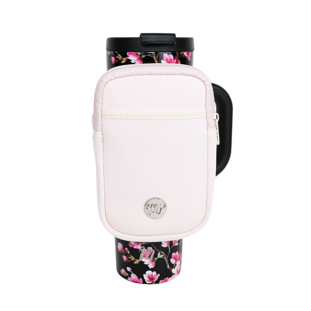 30 oz Floral Tumbler with Light Pink Sling - The tumbler is paired with a soft light pink sling pouch that complements the cherry blossom design of the tumbler. The pouch offers convenient storage for small items, adding both functionality and a touch of elegance to your on-the-go beverage experience.