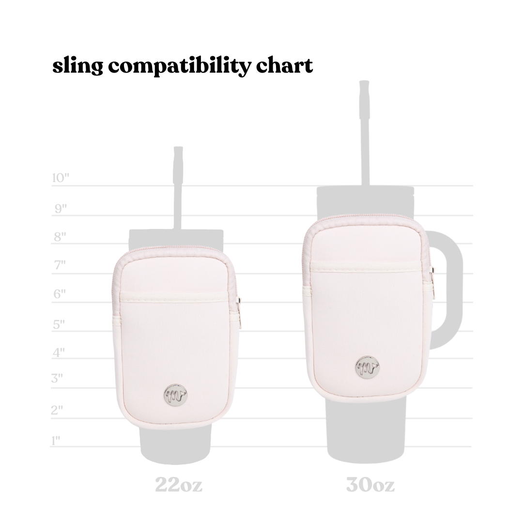 Sling Compatibility Chart - This chart shows the light pink sling pouch fitting securely on both 22 oz and 30 oz tumblers. The comparison highlights the versatility and soft, elegant design of the sling, making it a stylish and functional accessory for various tumbler sizes.