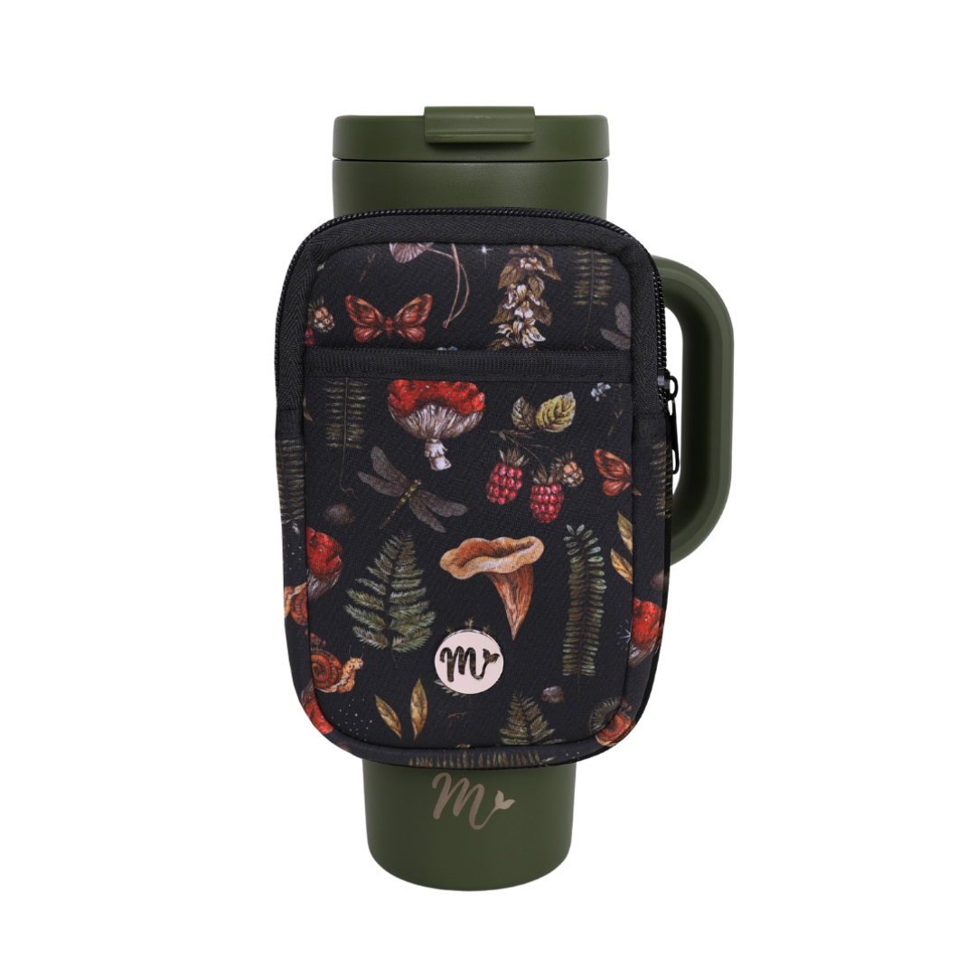 "30 oz Green Tumbler with Nature-Inspired Sling - The tumbler is paired with a black sling pouch adorned with illustrations of mushrooms, berries, ferns, and butterflies, reflecting a woodland theme. The pouch adds convenient storage and style, perfect for outdoor adventures and everyday use.