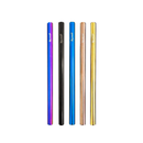 Set of five metallic straws in different colors on a white background
