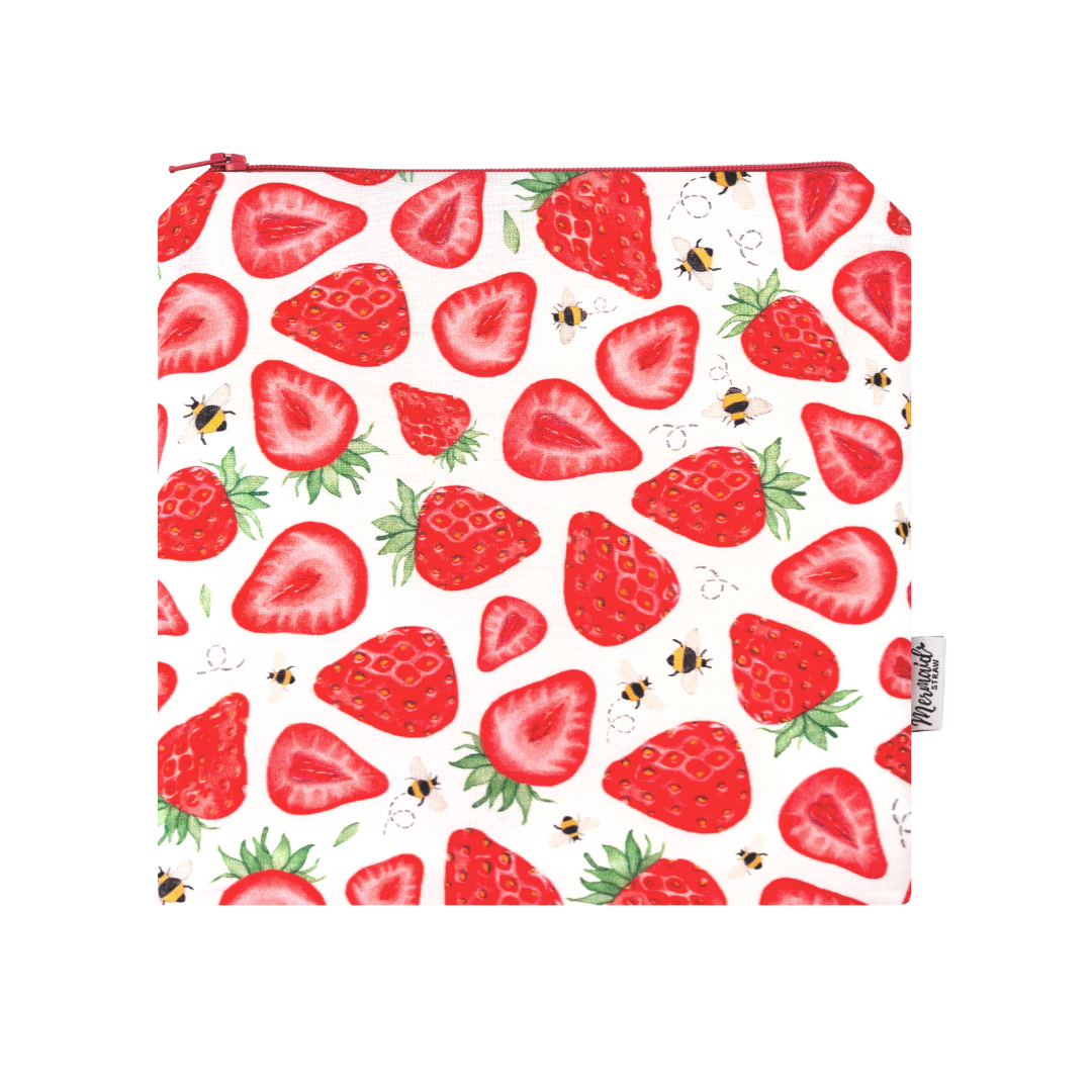 strawberry and bee patterned, reusable and handmade essentials bag