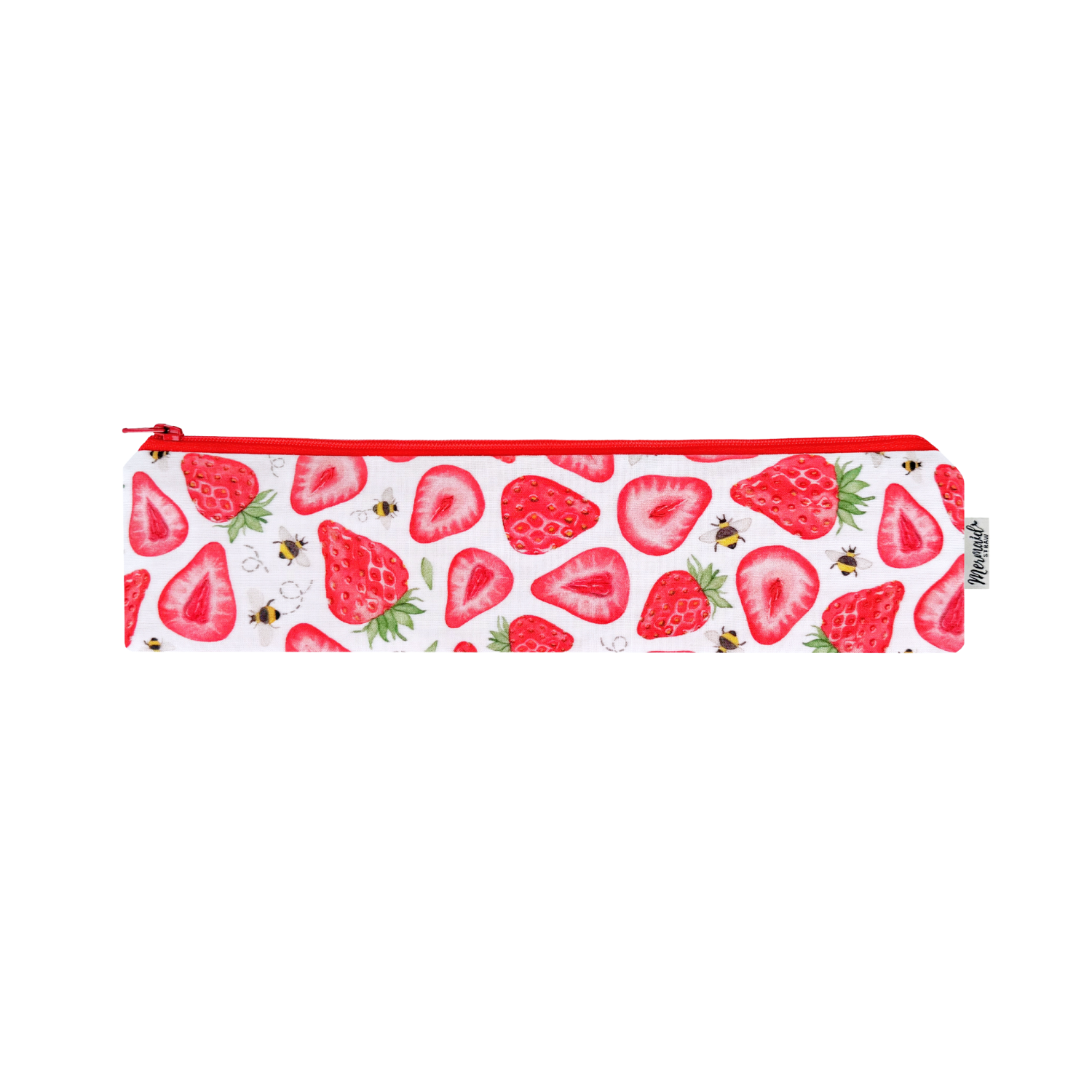 White zipper pouch covered in juicy red strawberries and tiny bees, fresh and lively design.