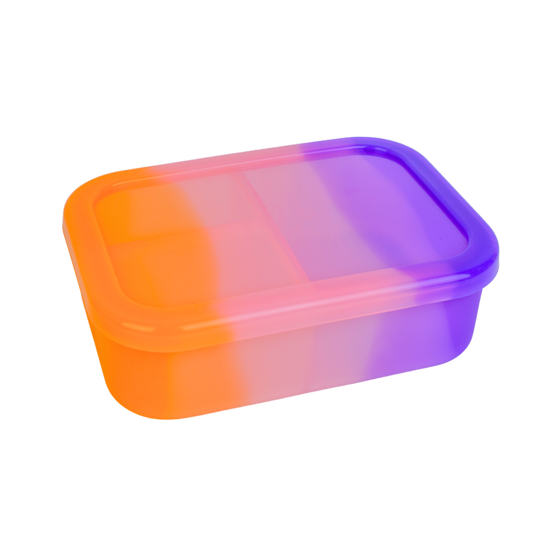 Rectangular sunset bento box with lid closed, designed with a warm orange and purple gradient.