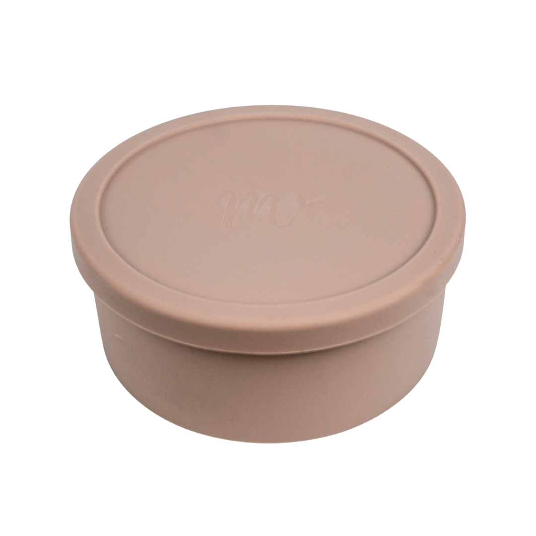 Taupe bento box with lid removed, showing three interior compartments for easy food organization