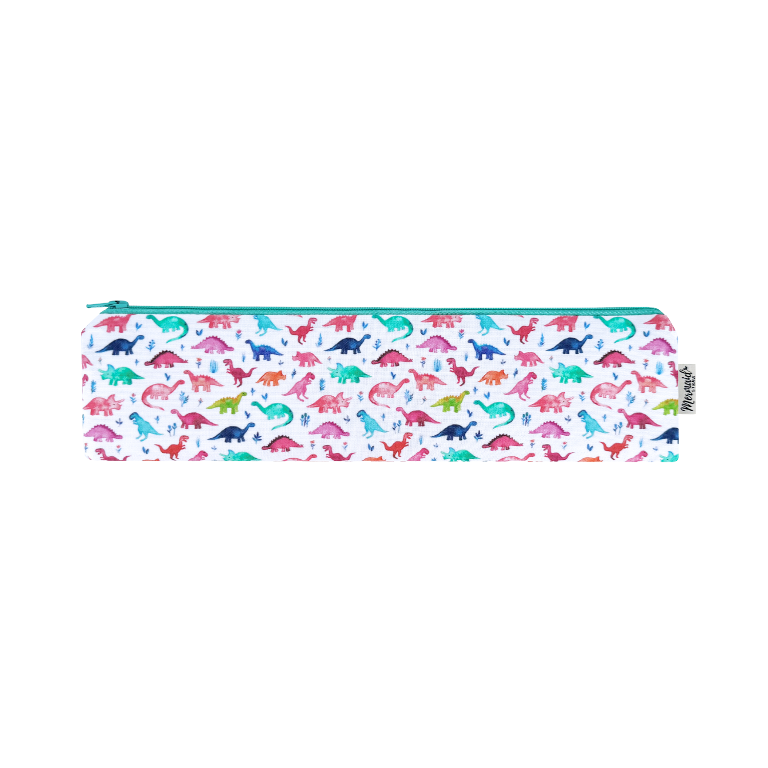 White zipper pouch featuring a colorful assortment of mini dinosaurs, perfect for kids and dino lovers