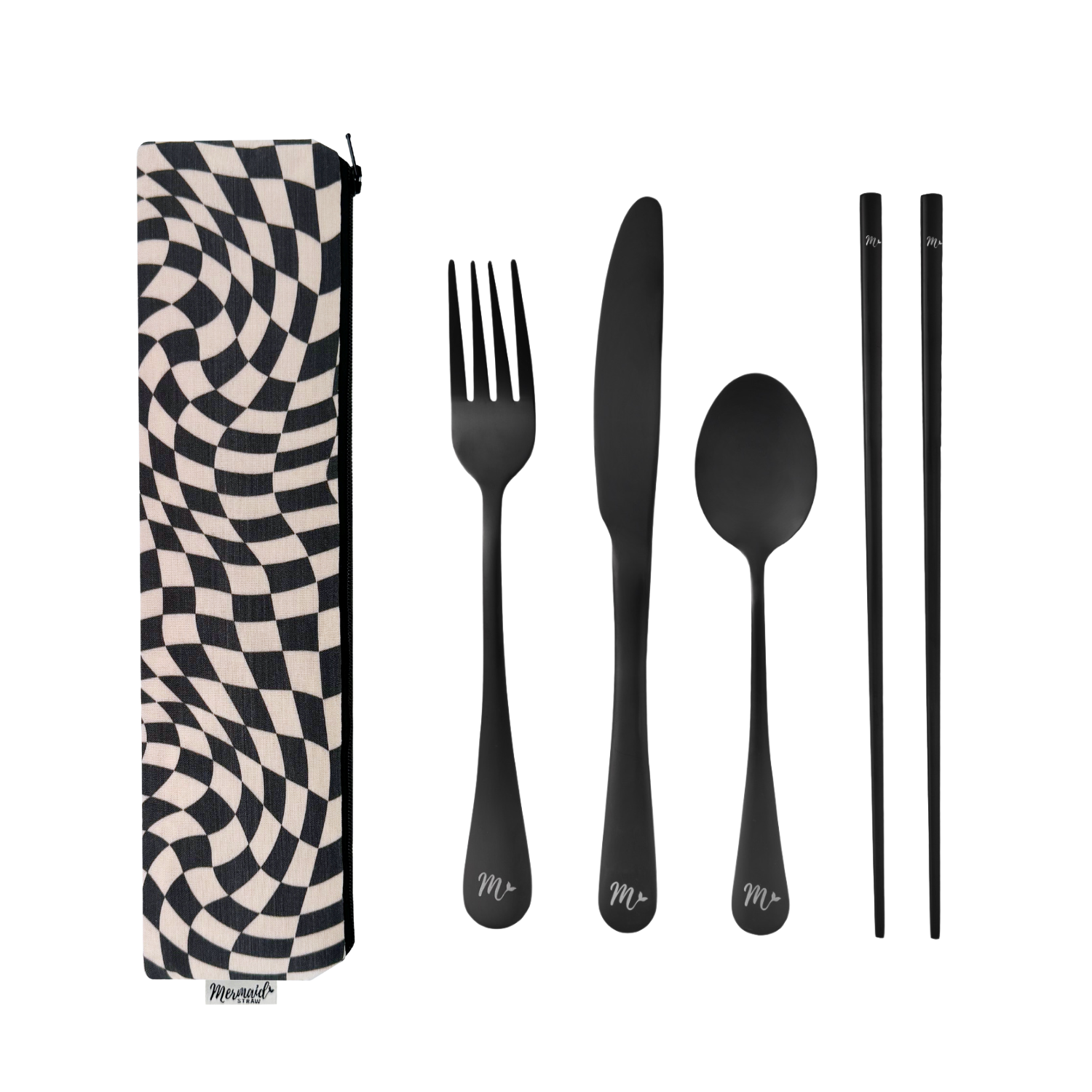 Bold black-and-white wavy checker-patterned pouch paired with a sleek black reusable flatware set, including a fork, knife, spoon, and chopsticks.