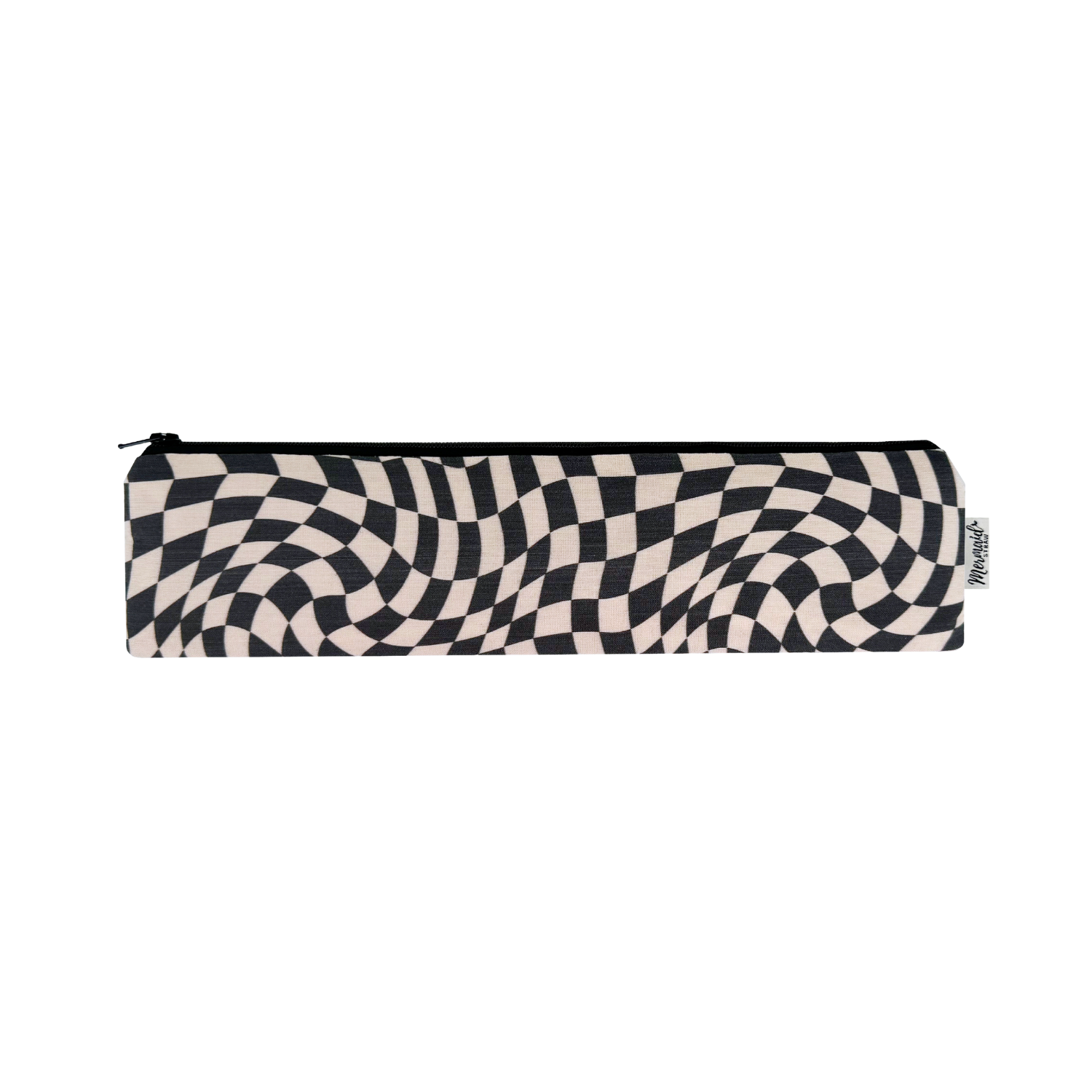 Black and white wavy checkerboard zipper pouch, a trendy twist on a classic pattern