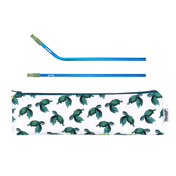 Mermaid Straw Baby Sea Turtle Zipper Pouch with Ocean Blue Mermaid Straws and olive green silicone tips