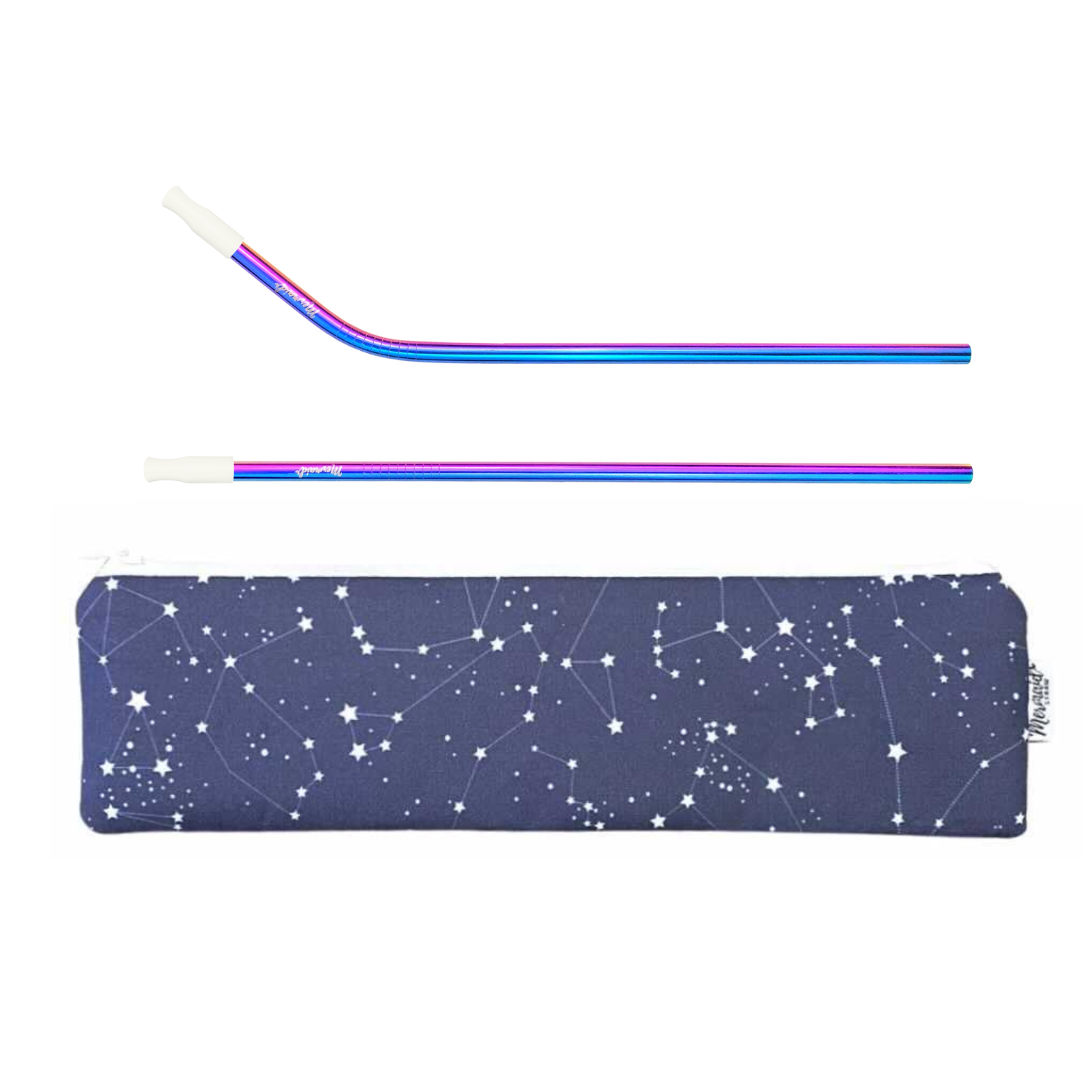 Mermaid Straw Constellations Zipper Pouch with Mermaid Stainless Steel Straws and 6mm white silicone tips