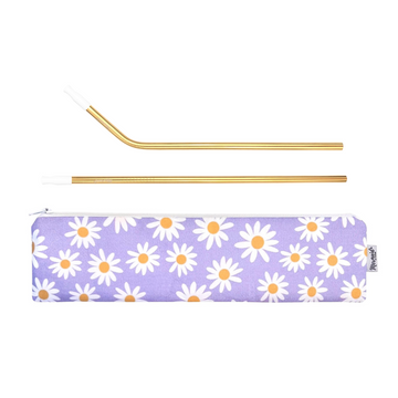 Mermaid Straw Lavender Daises Zipper Pouch with Gold Stainless Steel Mermaid Straws and 6mm white silicone tips