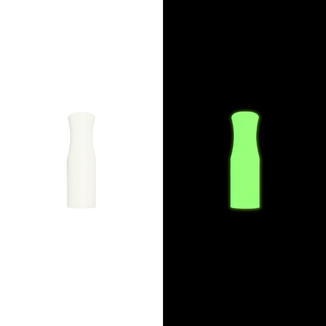 6mm in diameter, glow in the dark silicone tip, comparison of silicone tip in regular light and in the dark