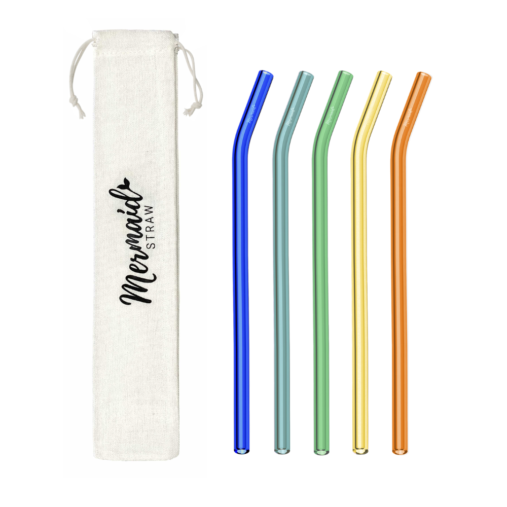 Mermaid Straw Glass Variety Pack (BOLD) with blue, teal, green, yellow and orange curved glass straws