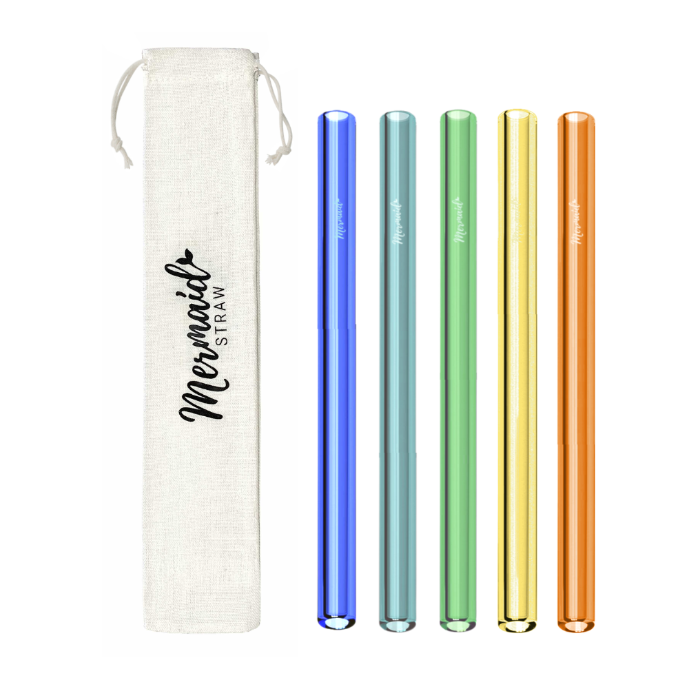 Mermaid Straw Glass Variety pack with blue, teal, green, yellow, and orange glass smoothie straws