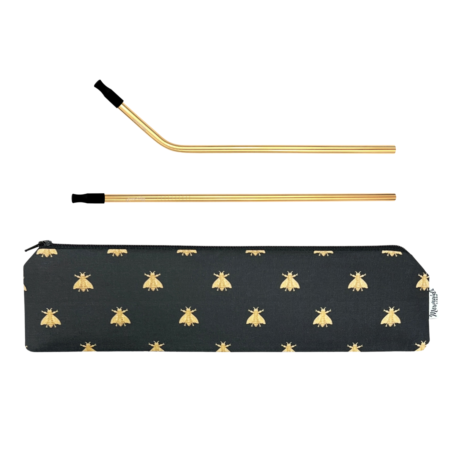 Mermaid Straw Gilded Bees Zipper Pouch with Gold Stainless Steel Straws and 6mm black silicone tips
