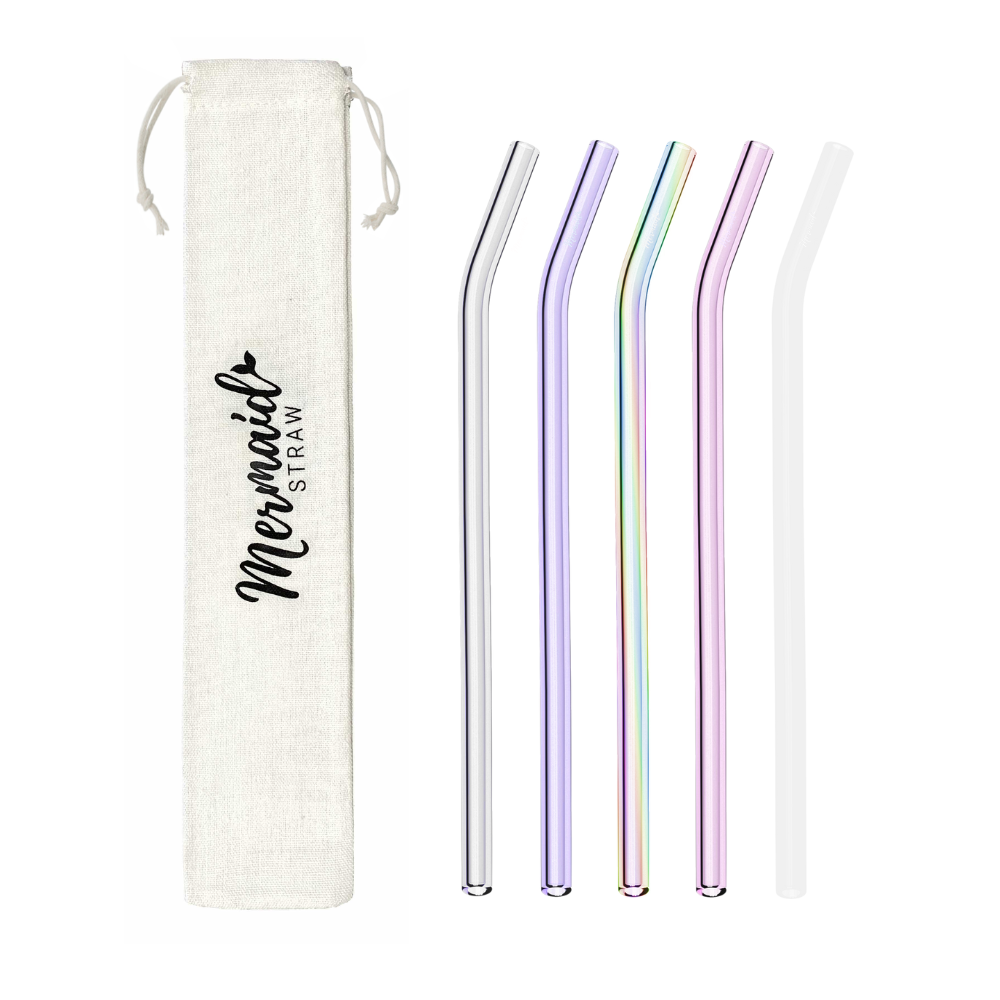 Mermaid Straw Glass Variety Pack (LIGHT) with clear, purple, mermaid, pink and white glass curved straws
