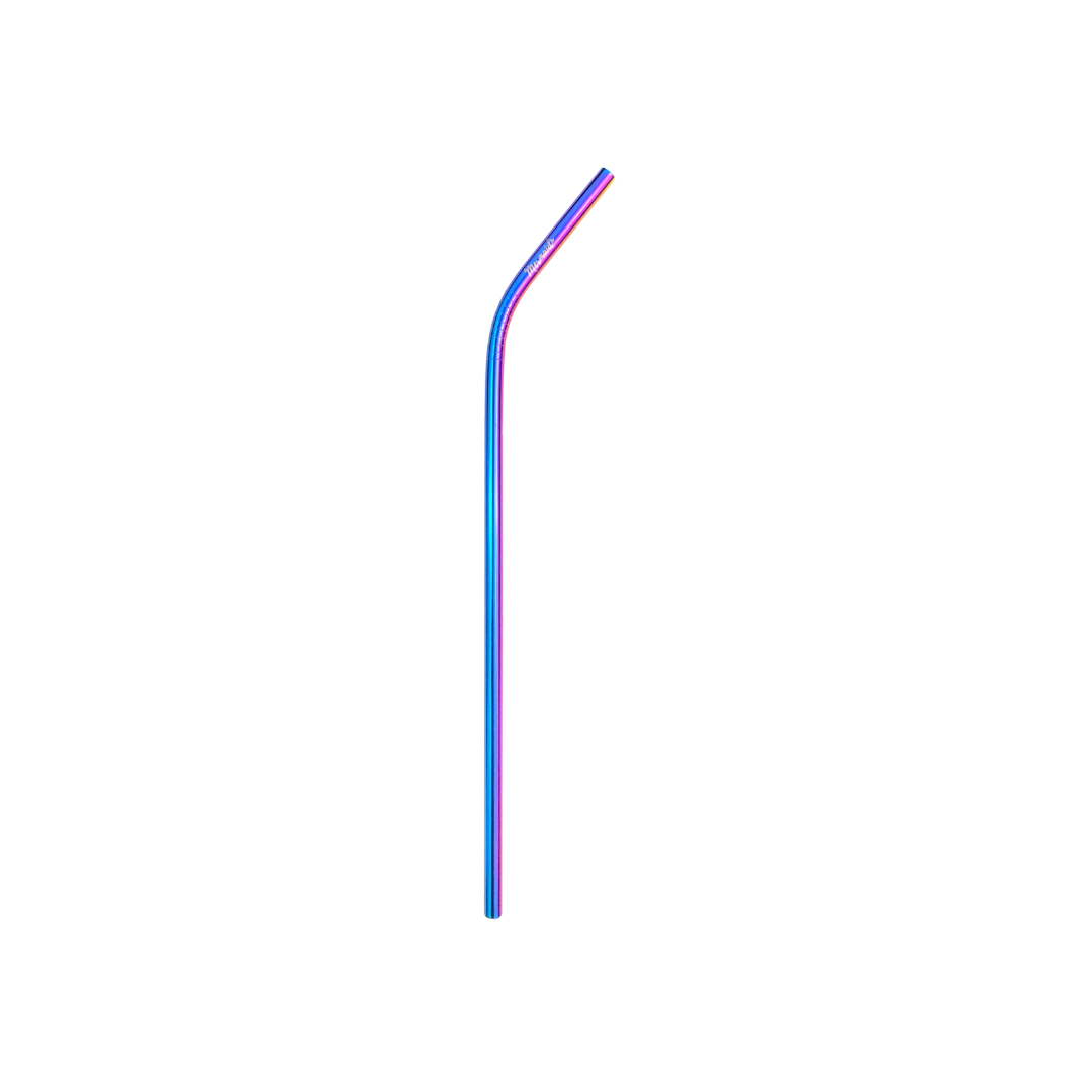 Bent stainless steel metal straw with a blue silicone straw tip